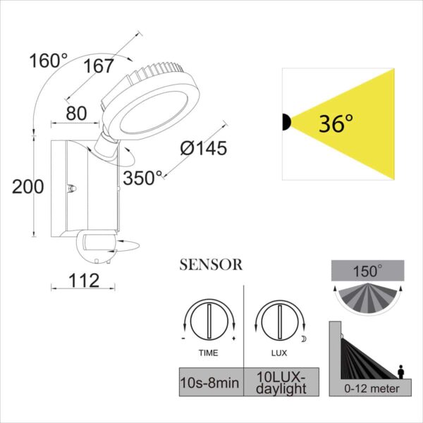 NEVADA Outdoor Wall Light with Sensor-6102S Dimensions