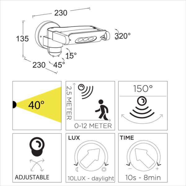 MINI Outdoor Wall Light with Sensor-6144S-1-PIR Technical Details