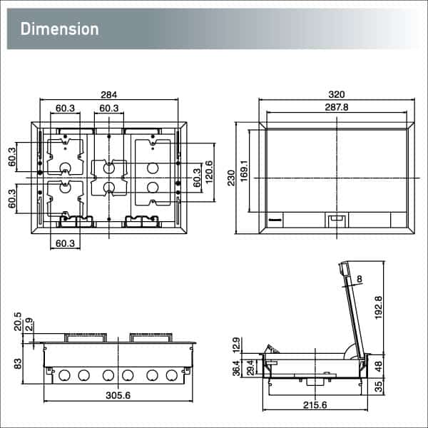 Panasonic 3-Compartment Floor outlet management Box Dimensions
