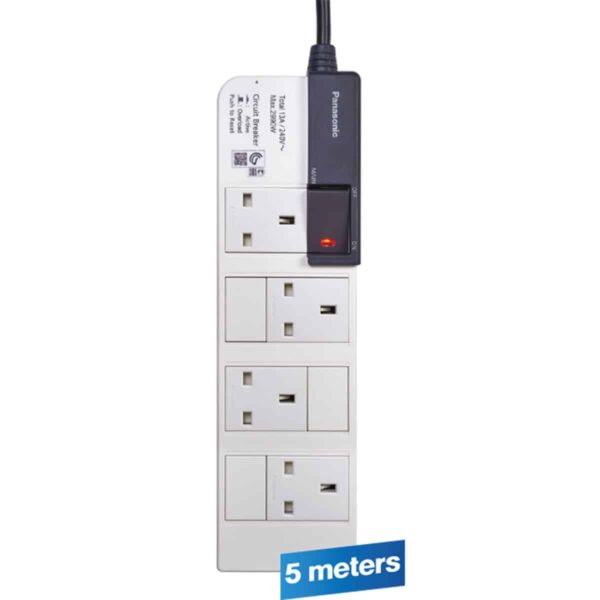 Panasonic 4Way Power Extension 3m Cord Offers four outlets for flexible and convenient power distribution, with Safety Shutters, in various setups.