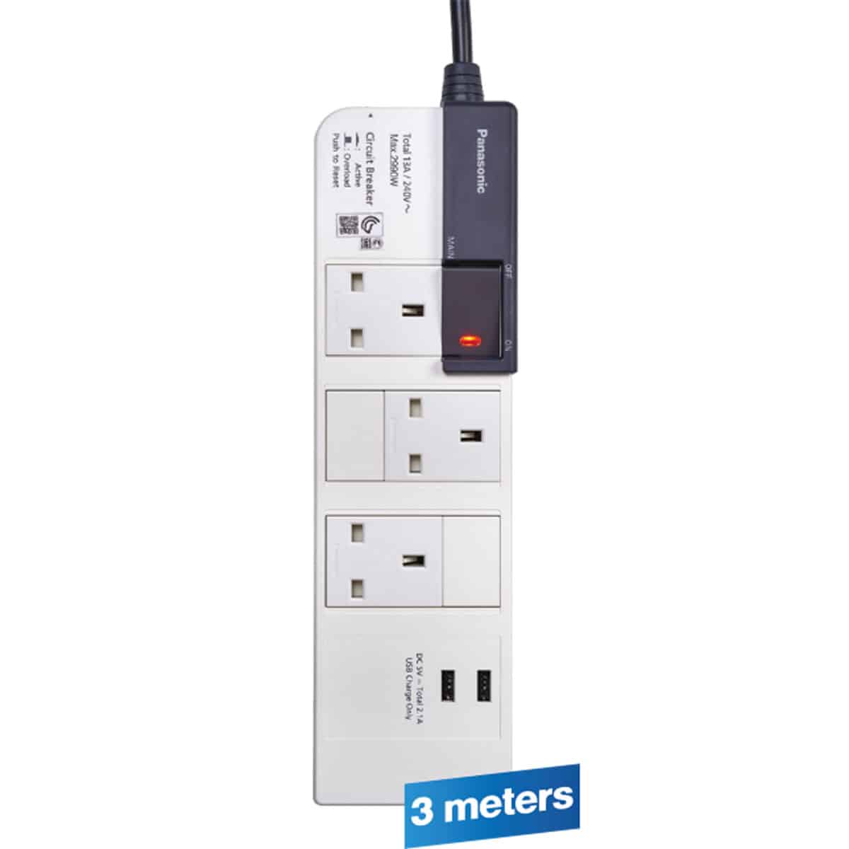 Panasonic 3-Way + 2 USB Charger Extension Cord 3m