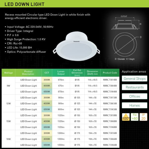 LED Downlight 9W 6500K drawing