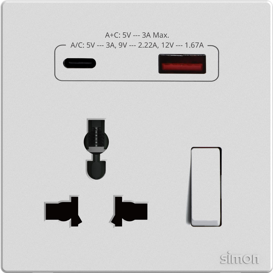 Multi Socket Switched with USB A+C Chargers M3-White
